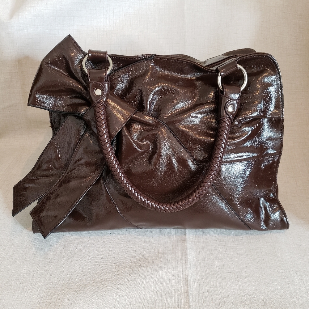 Oversized Purse Brown Tote Bow Front High Shine Shoulder Bag 17" Wide